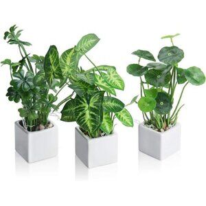 Small Fake Plants Set White Ceramic Pots Indoor Decor Shelf Desk Table